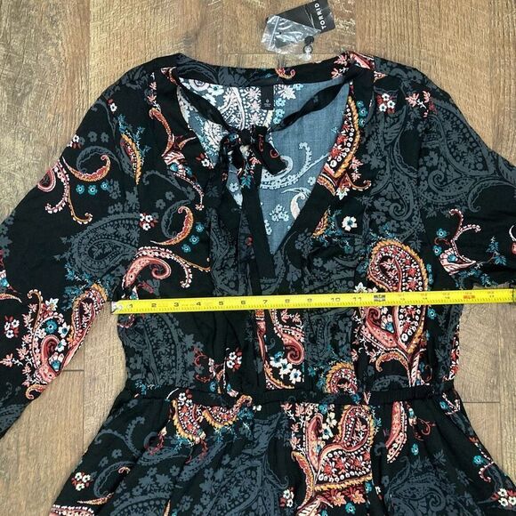 Torrid Midi Challis Skater Paisley V-neck Long Sleeve Black Dress sz 0 / L / 12 - Picture 6 of 10